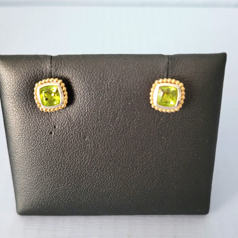 LAGOS Sterling Silver 18K Gold 7mm Peridot Cushion Stud Earrings
